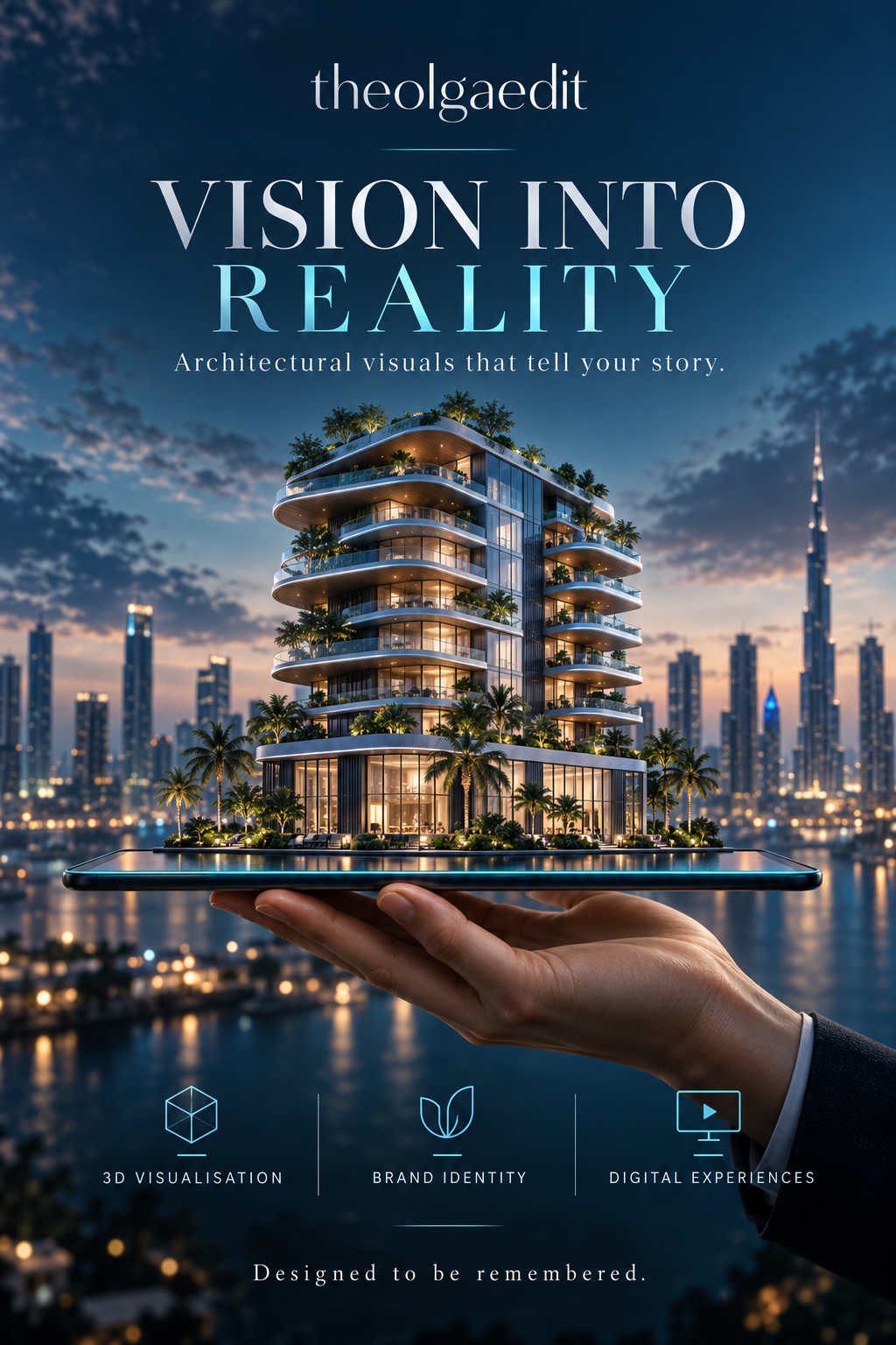 TheOlgaEdit architectural campaign with a building on a tablet
