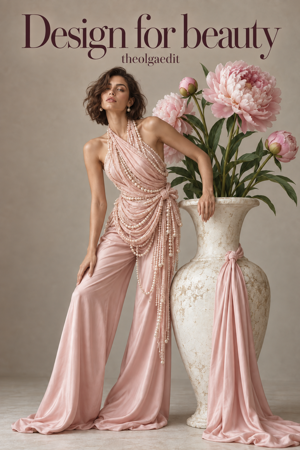 Design for beauty fashion poster by theolgaedit, featuring pink couture and peonies