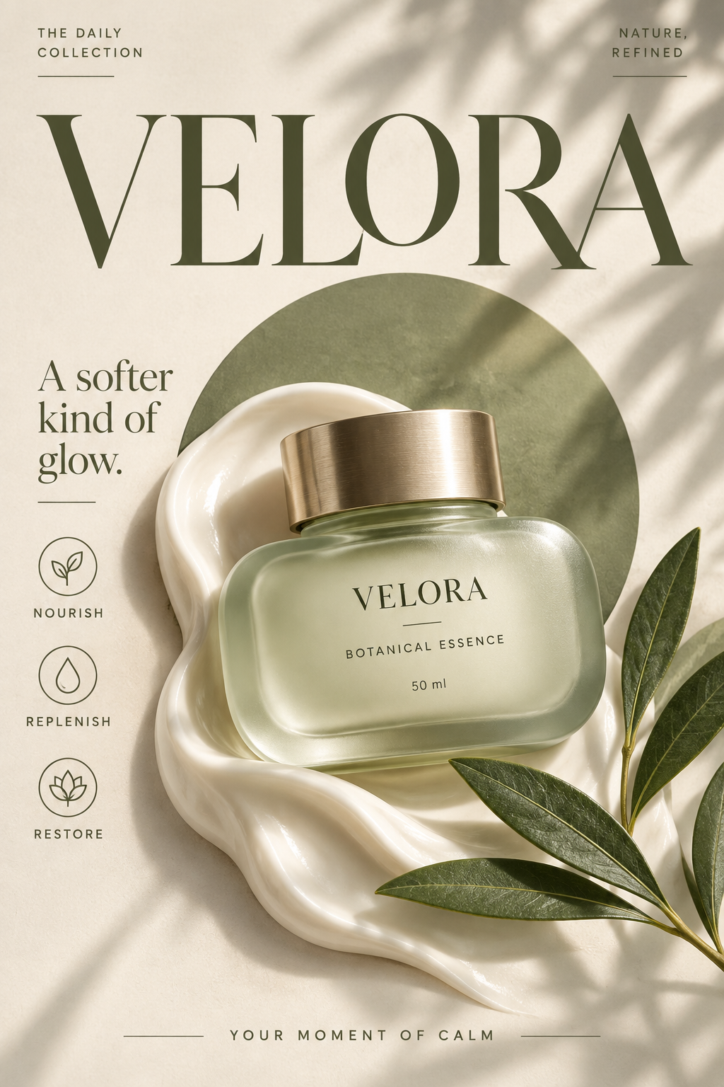 VELORA skincare campaign in cream and olive tones