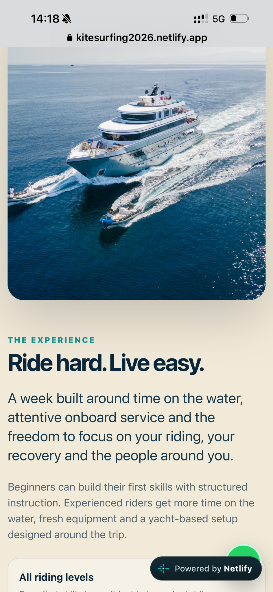 Kitesurfing 2026 website on a phone screen
