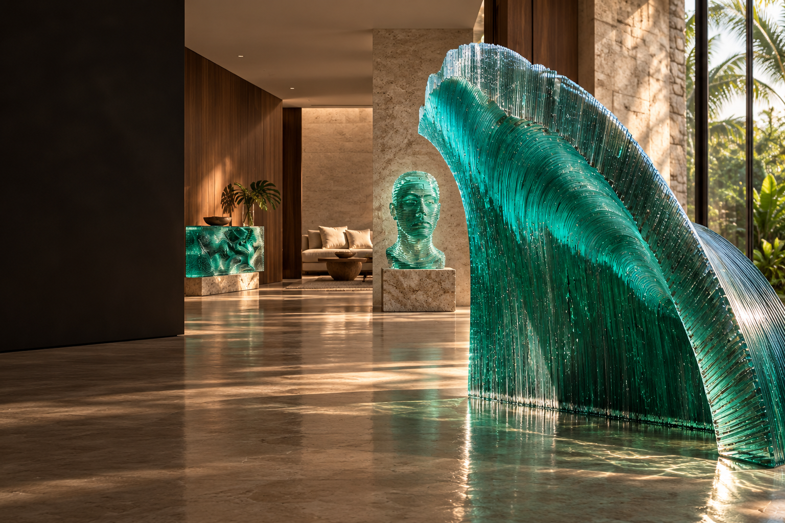 Green glass wave visualised in a sunlit luxury villa interior